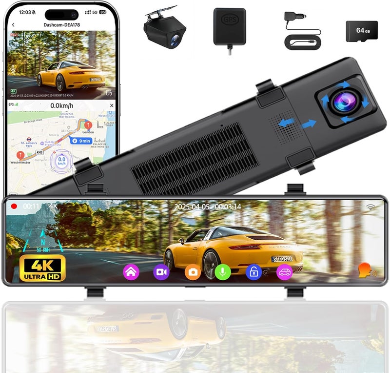 Aprilboy 4K Mirror Dash Cam Front and Rear, 12'' Dual WiFi Dashcam for Cars with Voice Control, ADAS&BSD&LCA, GPS, Reverse Assist, G-Sensor, 24 Parking Monitor, Free 64GB Card - Image 1